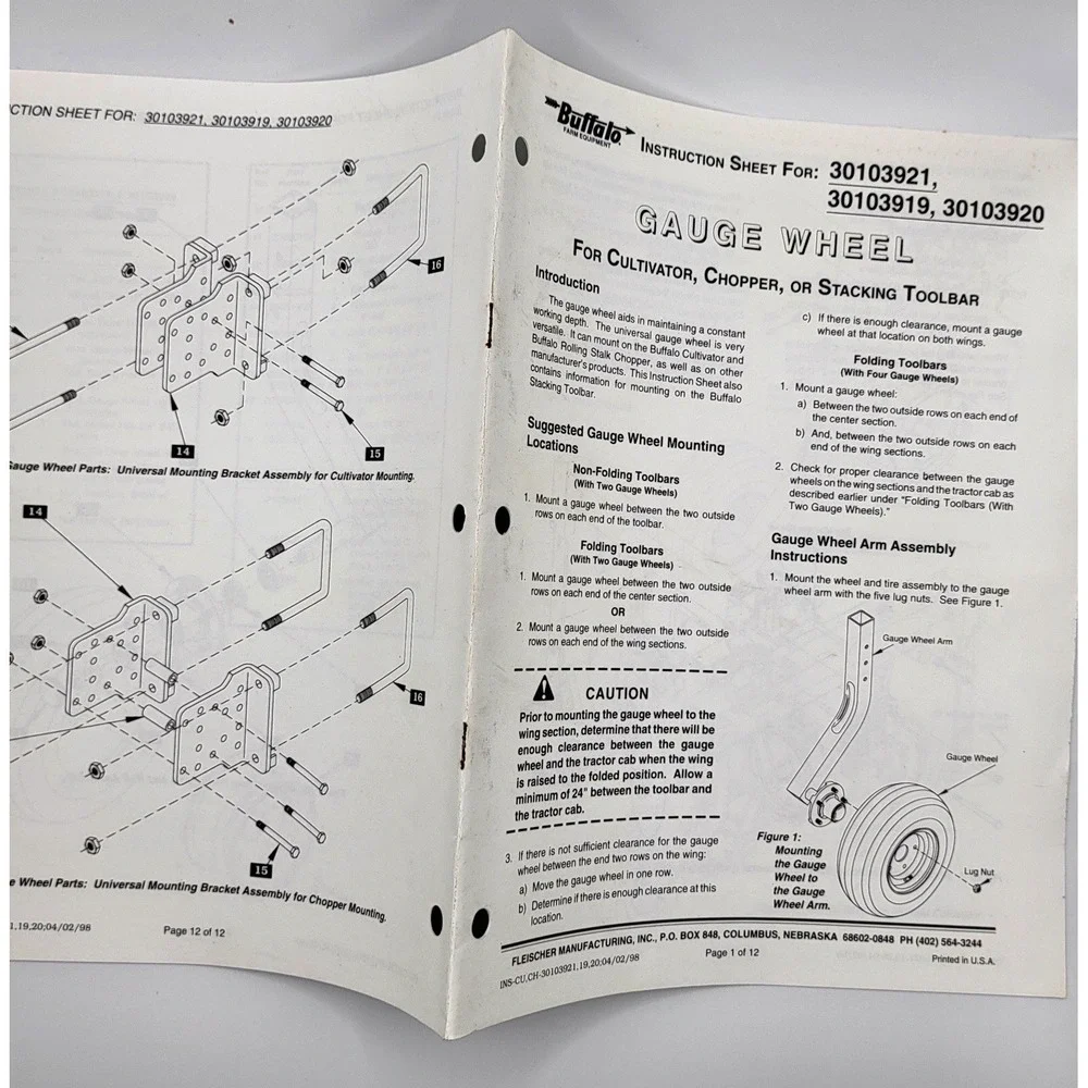 Buffalo, Fleischer Mfg. 30103921, 30103919, 30103920 Gauge Wheel‎ Instructions